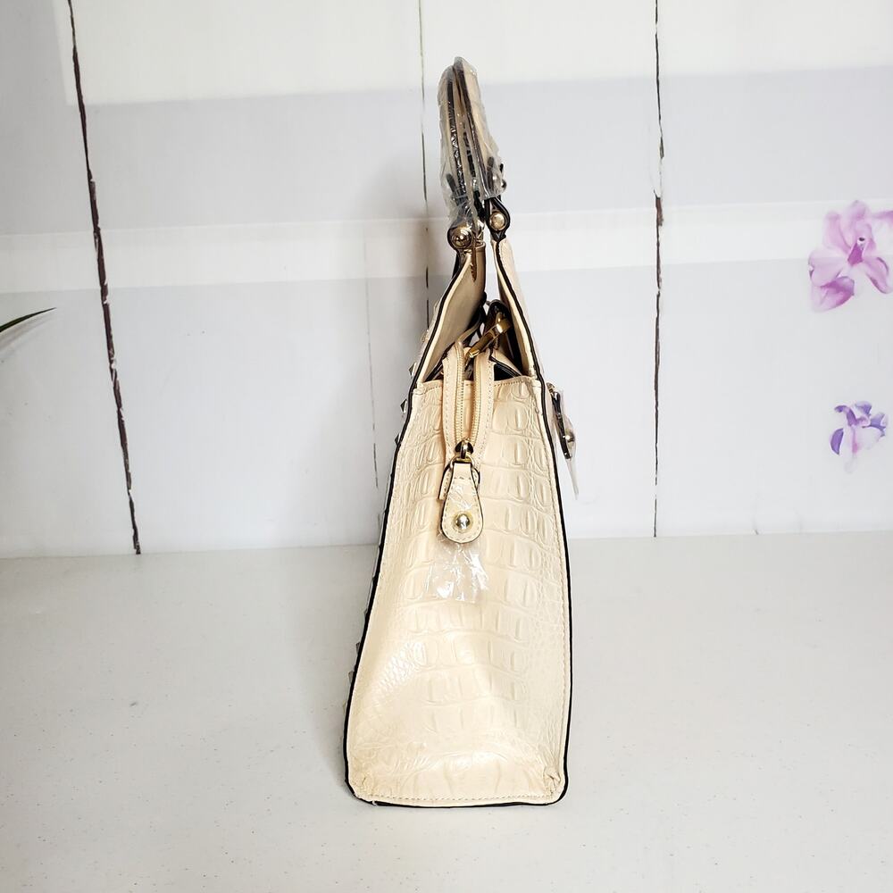 Isabelle Ivory Patent Vegan Leather Faux Croc Studded Dome Satchel - Picture 3 of 9